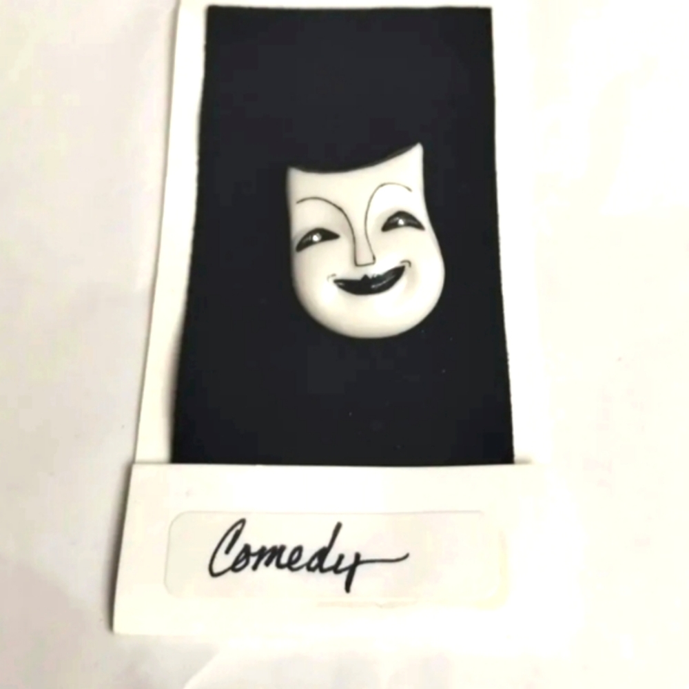 Vtg 1980s "Comedy" Adagio Mask Face Pin Hand-Painted Porcelain Brooch on Card